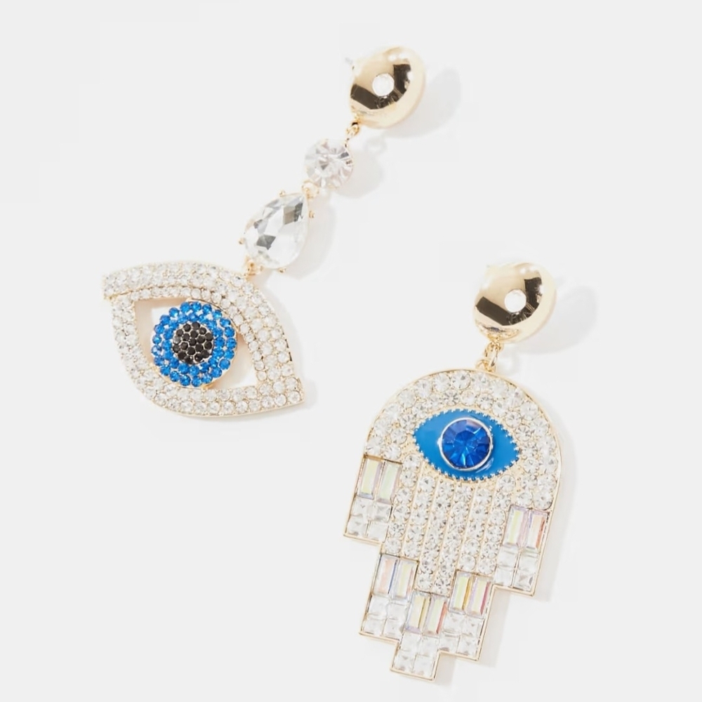 Aldo Gold Hamsa & Eye Drop Earrings with Blue Crystals Comes W Accessory Pouch